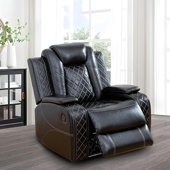 Power Recliner with LED, Black Leather Reclining Chair for Living Room, Muti-Functional Recliner with Storage Armrest/USB Ports for Living Room/Bedroom/Office