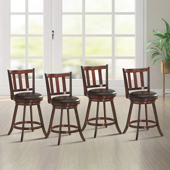 COSTWAY Bar Stools Set of 4, Counter Height Dining Chair, Fabric Upholstered 360 Degree Swivel, PVC Cushioned Seat, Perfect for Dining and Living Room (Height 25''-Set of 4)