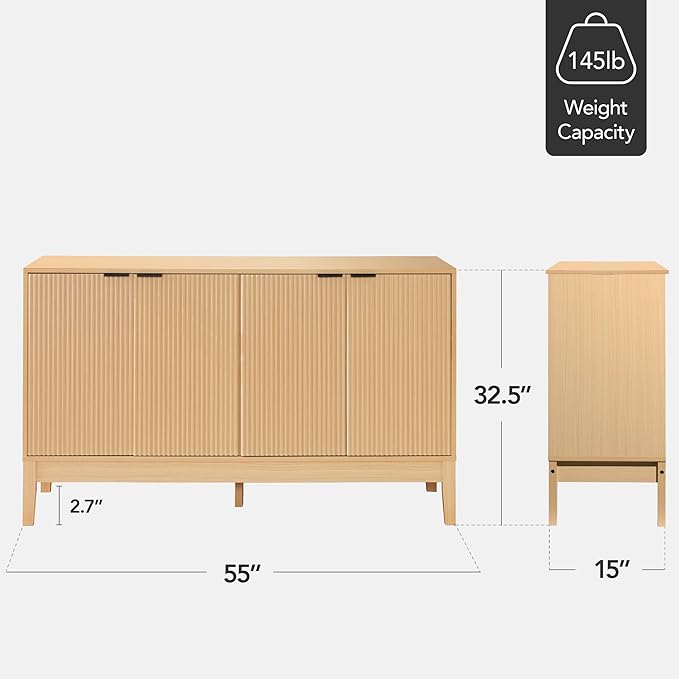 Best Choice Products 55" Modern 4-Door Sideboard Storage Cabinet, Buffet, Media Cabinet, Cupboard, Entryway Accent Table, Bookcase w/Reed Panels and Adjustable Shelves – Natural