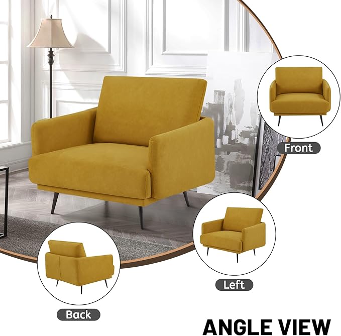 Oversized Accent Chair for Living Room Chairs Reading Arm Chair Comfy Modern Single Sofa Side Chairs with Metal Legs & Soft Cushion for Bedroom, Waiting Room (Velvet Yellow, Set of 2)