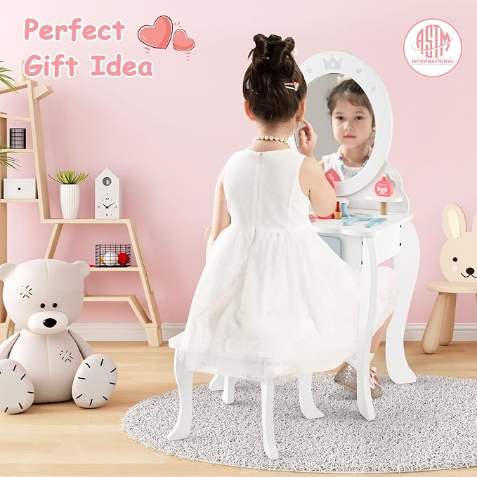 HONEY JOY Kids Vanity, Toddler Wooden Makeup Vanity Table & Chair Set, 10 Pcs Pretend Play Dressing Accessories Toy, Tri-Fold Princess Mirror, Little Girls Vanity Set with Mirror and Stool, White