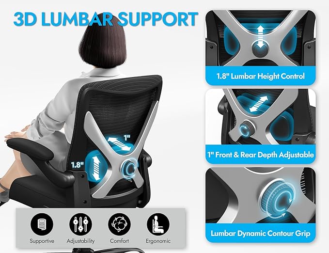 Ergonomic Office Chair - X-Shaped Computer Desk Chairs Comfy, Mesh High-Back Gaming Chair with Adjustable Lumbar Support, Executive Task Chair for Adults, Comfortable for Long Hours