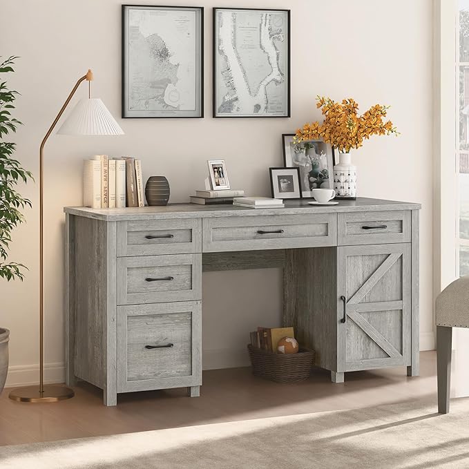 Farmhouse 61'' Executive Desk with 5 Drawers, Rustic Office Desk Computer Desk with Charging Station, File Drawers and Storage Cabinet, Wood Workstation for Home Office and Study, Gray