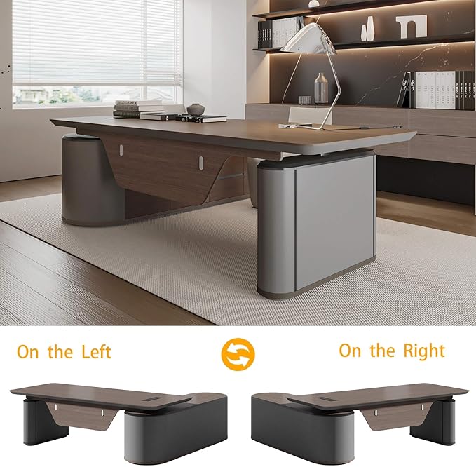 SAINTCY Large Executive Office Desk with File Cabinet, 86.6 Inch Sit & Stand L Shaped Executive Desk, Adjustable Luxury Office Desks for Boss, Business Owners, Managers and Supervisors Return Left