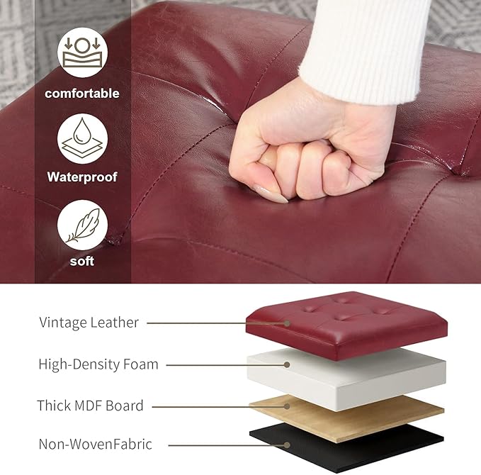 Adeco Faux Leather Storage Ottoman with Hinged Lid, 14 Inch High Red Square Cube Foot Stool with Storage, Upholstered Vanity Stool with Solid Wood Legs for Living Room, Bedroom, Dorm