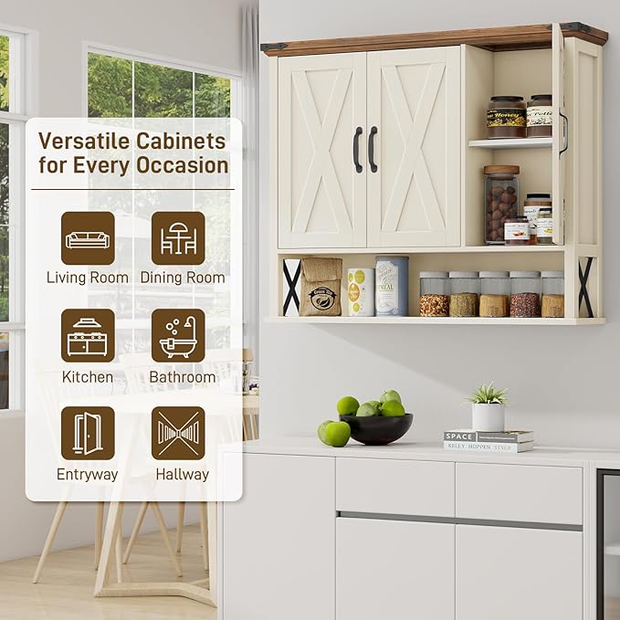 Bathroom Wall Cabinet, Farmhouse Medicine Cabinet with Adjustable Wood Shelf & 3 Doors, Over The Toilet Storage Cabinet for Wall Mounted for Bathroom Laundry Room Kitchen, White and Brown