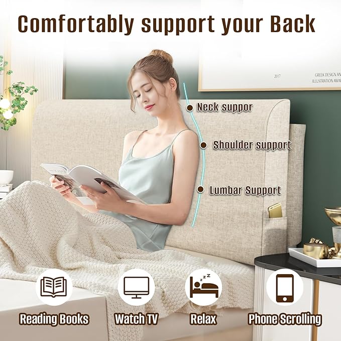 Upholstered Queen Headboard, No Tools Needed, Wall Mounted Headboard with Removeable Washable Linen, Multi-Functional Backrest (Beige)