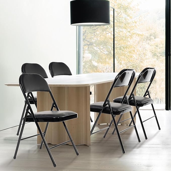 6 Pack Folding Chairs with Padded Seats, Padded Folding Chair with Steel Frame for Events Home Office, Pu Leather Folding Chair Black