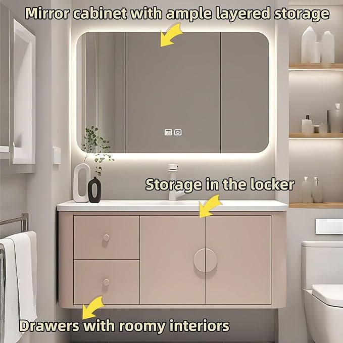 52IN Pink Modern Bathroom Vanity - Bathroom Vanities Set with 2 Drawers Wall Mounted | Rounded Corner Smart Defogging Mirror Cabinet with Lighting & Time Display, Side Opening Storage Shelf (Style B)