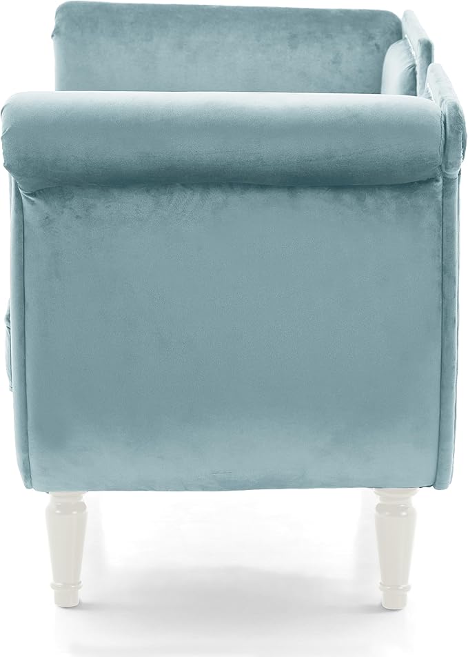 Christopher Knight Home Aurora Velvet Chaise Lounge Indoor with 2 Bolster Pillows, Upholstery Entryway Bench with Nailhead Trim & Curved Arms, End of Bed Bench Ottoman and Wooden Legs, Light Blue