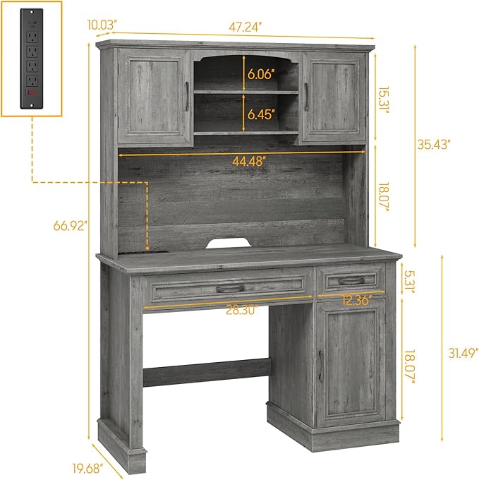 Vabches Farmhouse 47" Executive Desk with Hutch, 2 Drawers and LED Light, Computer Desk with Storage Cabinet and Charging Station,Workstation for Home Office and Study.Grey