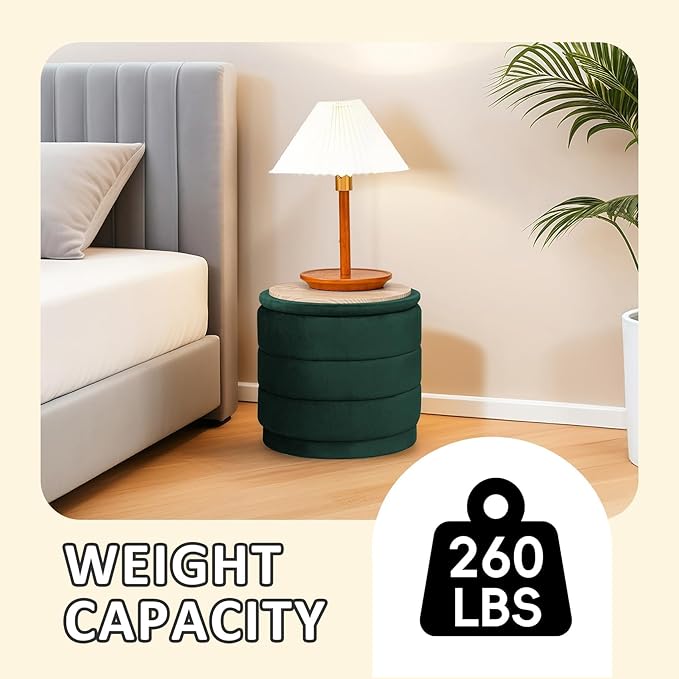 PINPLUS Round Velvet Ottoman Tray, Bottle Green Upholstered Decorative Accent for Footstool or Coffee Table, Removable Serving Surface