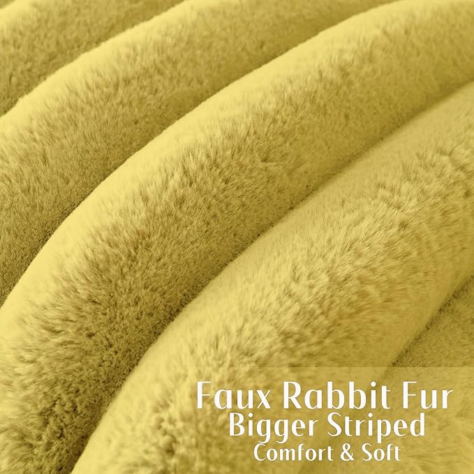 FUTEI Mustard Yellow Decorative Throw Pillow Covers 18x18 Inch Set of 2, Square Soft Faux Rabbit Fur Big Striped Cushion Cover,Home Decor for Couch Sofa Bed Living Room