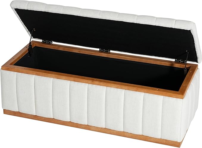 Christopher Knight Home Kira Living Room Ottoman with Storage, Linen Upholstered Storage Ottoman Bench with Channel-Tufted Design, Wood Frame Sofa Foot Stool, Bedroom End of Bed Bench, Beige