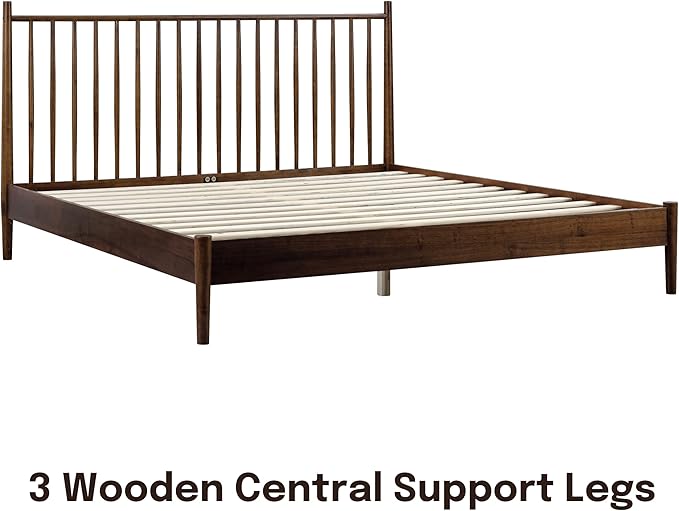 NTC Inno Wooden Bed Frame with Headboard, Solid Oak and Rubber Wood Foundation with Silent Slats and Wood Central Supports, 1000 Lb Capacity, Effortless Assembly, King - Dark Walnut