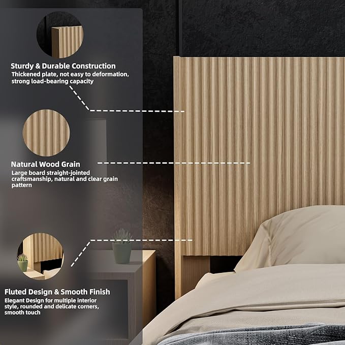 KEIKI Wooden Queen Size Headboard Only, 64.5" Wide Farmhouse Headboards with Wall Mounted Fluted Panel & Wingback for Bedroom, Oak