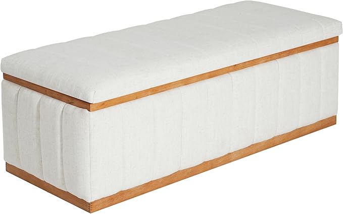Christopher Knight Home Kira Living Room Ottoman with Storage, Linen Upholstered Storage Ottoman Bench with Channel-Tufted Design, Wood Frame Sofa Foot Stool, Bedroom End of Bed Bench, Beige