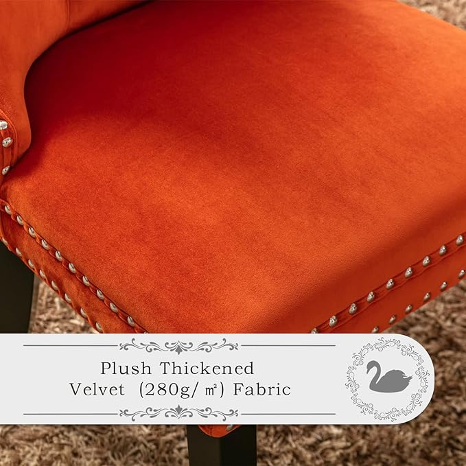 Velvet Upholstered Dining Chairs Set of 6, Modern Style Kitchen Side Chairs with Nailhead Trim and Wood Legs,Metal Pulling Ring for Dining Room Living Room(Orange,Set of 6)