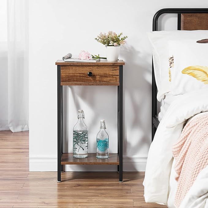 VECELO Tall Nightstand Set of 2,27.6 inch Wooden End Table with Metal X-Frame,Side Table with Drawer and Storage Shelf for Living Room Bedroom Entryway Small Spaces
