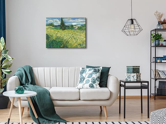 Wieco Art Abstract Canvas Prints Wall Art Green Field 1889 by Van Gogh Famous Oil Paintings Reproduction Artwork Stretched Landscape Picture for Living Room Home Office Decoration