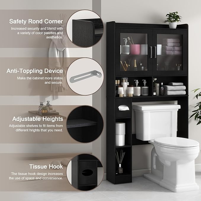 Over-The-Toilet Storage Cabinet, Farmhouse Style with 2 Acrylic Waves Doors, Space-Saving Home Storage Rack for Restroom, Bathroom and Laundry Room.Black.