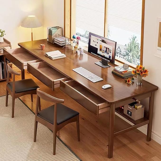 70.86" Long Solid Wood Desk with 3 Drawers Home Office Computer Desk Mid Century Modern Large Study Writing Desk Simple Real Wood Desk Study Table Workstation, Walnut