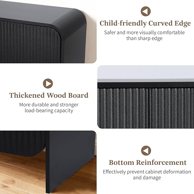 Fluted Sideboard Buffet Cabinet with Storage, 59'' Curved Buffet Cabinet with 4 Doors & Shleves, Modern Credenza Wood Coffee Bar Table Console for Dining Room Kitchen Living Room Entryway, Black