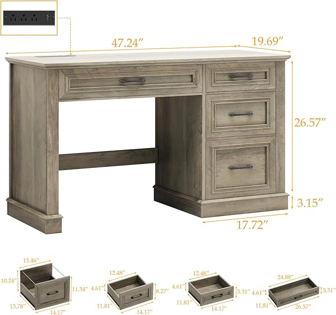 Farmhouse 47" Executive Desk, Computer Desk with Drawers and File Drawer, Workstation Computer Desk with Charging Station for Home Office,Study,（Wash Grey）