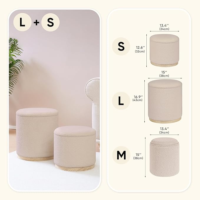 PINPLUS Round Ottoman with Storage Set of 2, Vanity Stool with Storage, Small Ottoman with Tray Teddy Velvet Foot Rest Stool for Bedroom, Living Room, Dorm (Beige)