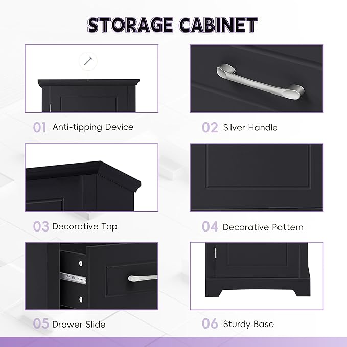 Bathroom Tall Storage Cabinet, Floor Freestanding Storage Cabinet with 2 Doors, One Drawer, Door Shelve Design, and Adjustable Shelf for Bathroom, Office, Multi-Use Organizer, Black