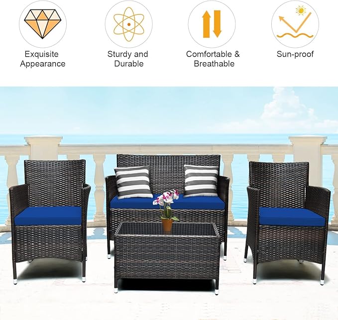 COSTWAY 4PCS Rattan Patio Furniture Set, Outdoor Wicker Rattan Chairs with Coffee Table, Rattan Cushioned Conversation Set for Backyard Balcony Porch Poolside, Navy