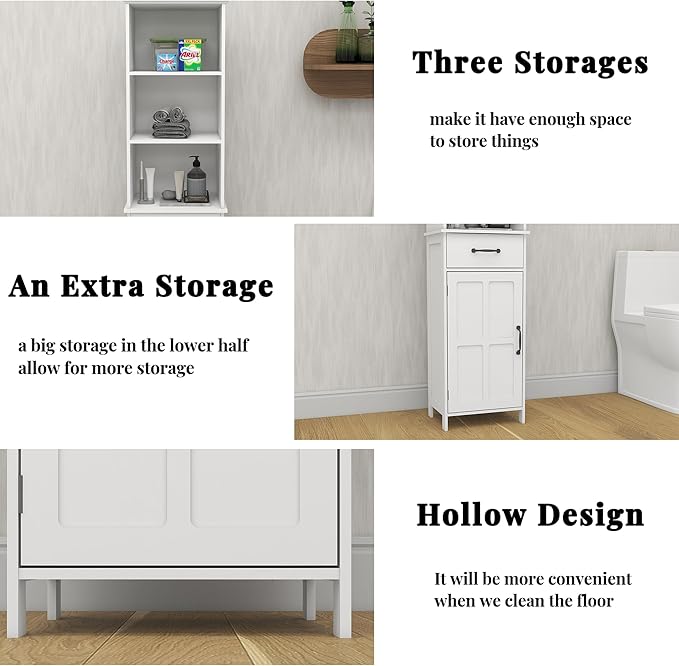 Tall Bathroom Storage Cabinet with Door and Shelves, Narrow Bathroom Cabinet Freestanding, White Slim Storage Cabinet for Home, Kitchen, Anti-Tipping