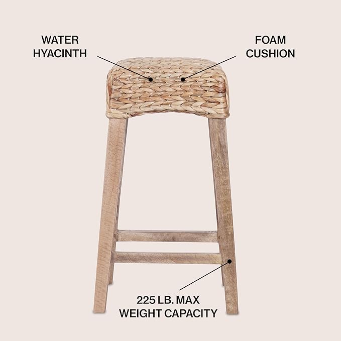 JONATHAN Y CSL1101B Maui 25.5" Rustic Bohemian Hyacinth/Wood Backless Counter Stool for Home, Kitchen, Dining Room, Workspaces, Cafes and Resturants, Natural Woven Seat with Natural Wood Frame