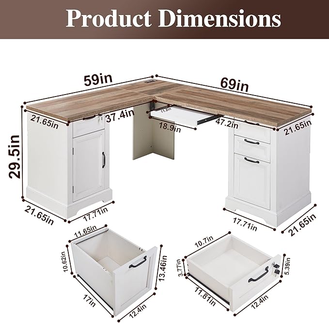 L-Shaped Executive Desk with Keyboard Tray, 69” Farmhouse Corner Desk with Lockable Drawers, Adjustable File Cabinet & Built-in Charging Station, Rustic Home Office Desk (69")