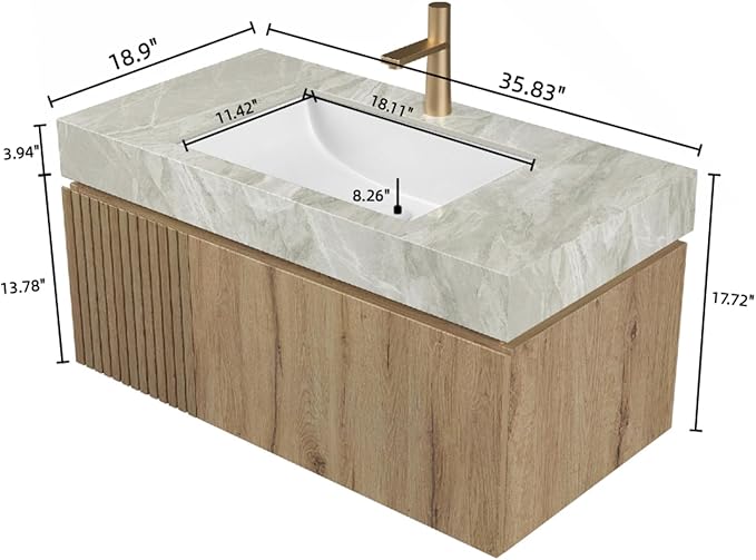 Bathroom Vanity with Sink 36 Inch, Floating Bathroom Vanity Sink Cabinet with Drawer and Door, Undermount Sink & Light Gray Sintered Stone Top, Pre-Assembled, White Oak
