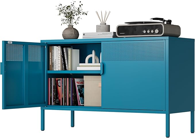 Blue Metal Storage Cabinet with Doors and Shelf, 2 Door Locker Storage Cabinet for Home and Office, 2 Tier Low Metal Tv Stand Cabinet