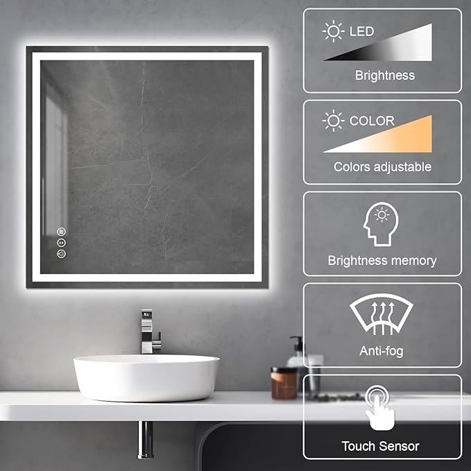 Awoco 36''x36'' LED Bathroom Mirror with Light, Lighted Vanity Mirror with Backlit and Front Light, Dimmable Anti-Fog Memory Function Lighted Mirror with 3 Colors for Bathroom Wall