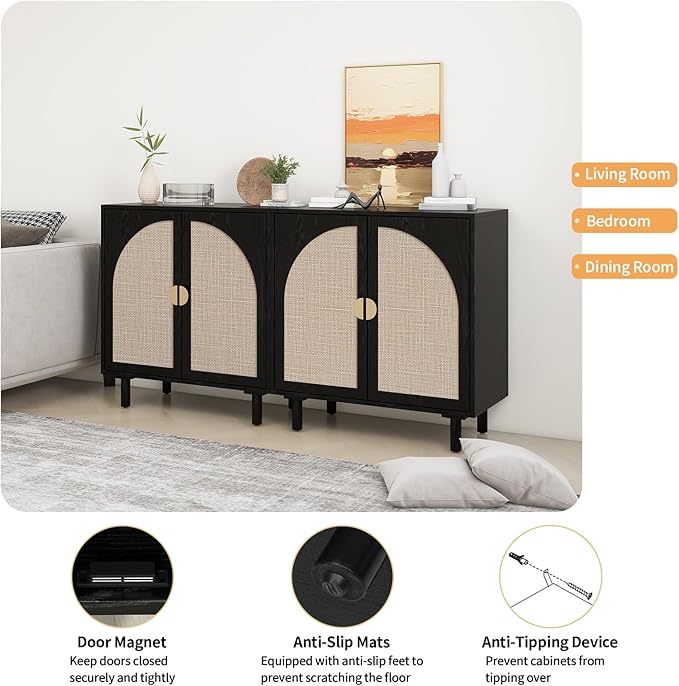 Black Rattan Cabinet-2-Doors,Sideboard Buffet Cabinet with Storage-Accent Storage Cabinet with Cane Door, Boho Wood Credenza for Living Room, Kitchen (Black Set 2)