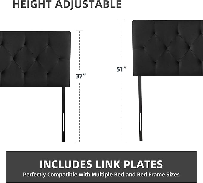 Linen Upholstered Headboard King Size, Modern Diamond Tufting Solid Wood California King Headboard Only, Adjustable Height from 37” to 51” Head Board, Bed Frame or Wall Mount Headboards, Black
