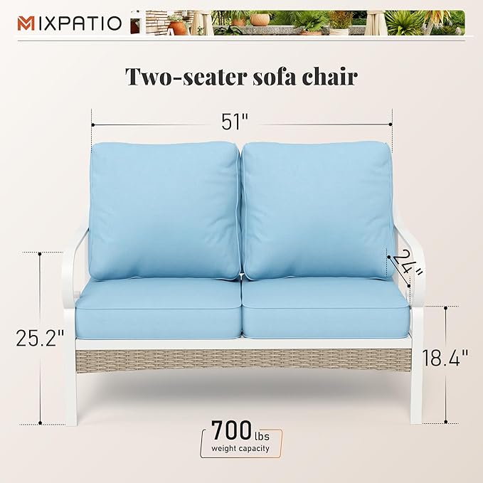 Patio Furniture Sofa, Love-Seat Patio Sofa Steel Frame Outdoor Sectional Couch with Deep Seating and 5.5” Cushions for Lawn Backyard Porch Deck, Blue