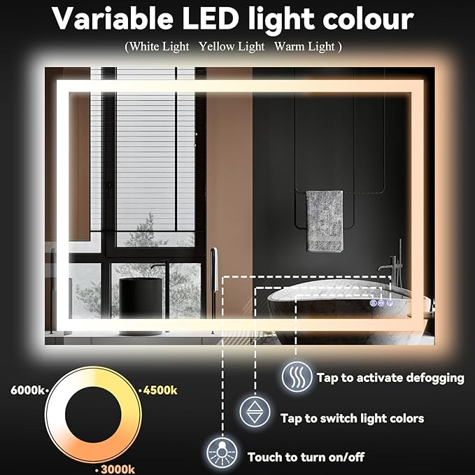 VooBang Bathroom Mirror with Lights 47 x 47 inches - 3 Adjustable Lighting Modes LED Bathroom Vanity Mirror, Anti-Fog, Memory Function, Tempered Glass, Wall Mounted Horizontally Vertically