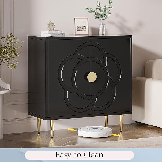TOLEAD Modern Cabinet with Decorative Flower Pattern Doors - Accent Sideboard Buffet for Hallway, Living Room, Kitchen - Black
