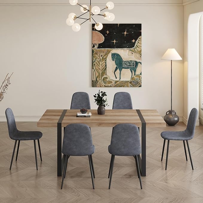 Dining Table Set for 6，Dinner Table Set for 6，71'' Kitchen Table and Suede Nap Fabic Chairs Set of 6，6 Chair Dining Table Set for Kitchen Dining Room