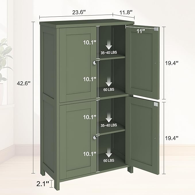 Nuturelly Bathroom Floor Storage Cabinet, Bathroom Organizers and Storage with Top Board & Metal Handles for Kitchen, Green