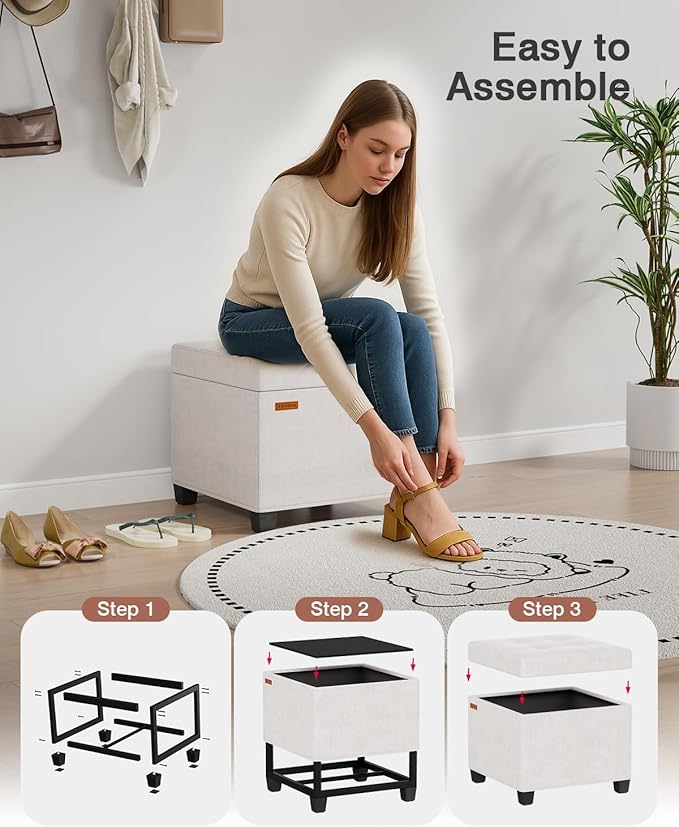 17.7 inches Chenille turfed Ottomans Cube with Legs, Metal-Framed Square Storage Ottoman Foot Rest Stool Holds 770 LB for Dorm Living Room Bedroom White UASND641W