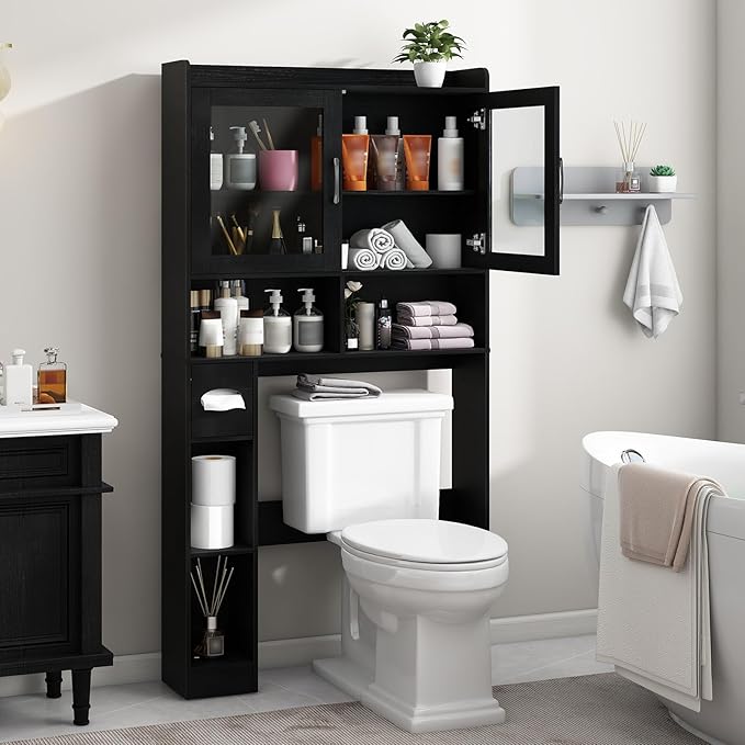 Over-The-Toilet Storage Cabinet, Farmhouse Style with 2 Acrylic Waves Doors, Space-Saving Home Storage Rack for Restroom, Bathroom and Laundry Room.Black.