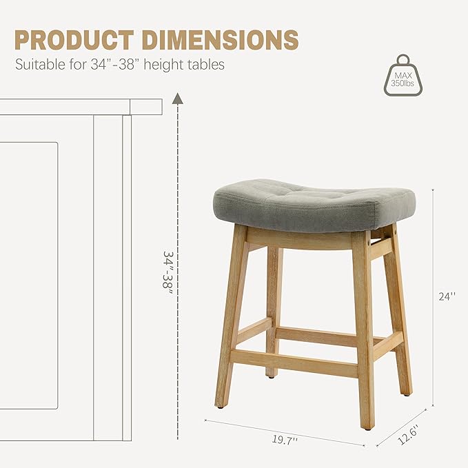 Counter Height Bar Stools Set of 3 for Kitchen Counter Farmhouse Modern Barstools with Upholstered Fabric Backless Seat and Solid Wood Legs 24 inch Bar Chairs, Grey + Wood Color