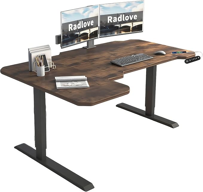 Radlove 59-Inch Large Electric Height Adjustable Computer L-Shaped Desk with Memory Controller Corner Standing Desk Modern Workstation with Splice Board Ergonomic Desk (Black Frame + Rustic Brown Top)