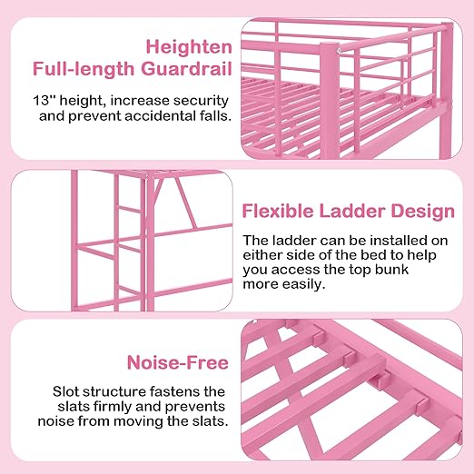 VECELO Metal Loft Bed Twin Size, Heavy Duty Bedframe with Removable Ladder and Safety Guardrail, Space-Saving, Noise Free, No Box Spring Needed, Light Pink