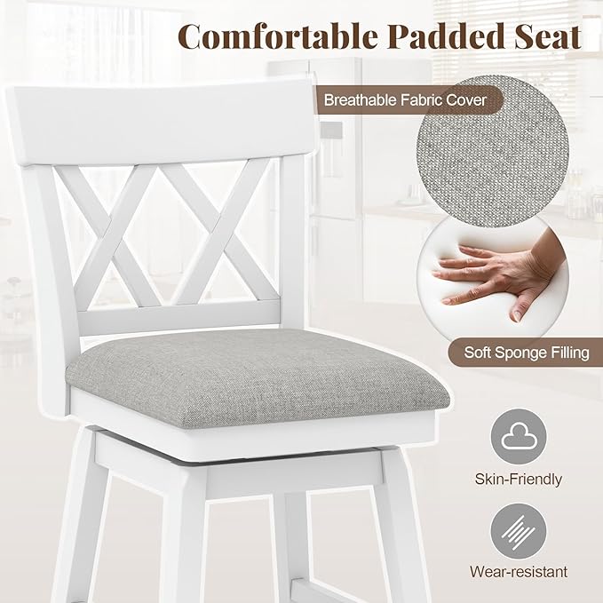 COSTWAY Bar Stool Set of 4 for Kitchen Island, 26" Counter Height Chair with Ergonomic Backrest, Foot Rest, Padded Seat & Solid Wood Structure, 360°Swivel Farmhouse Barstool with Back